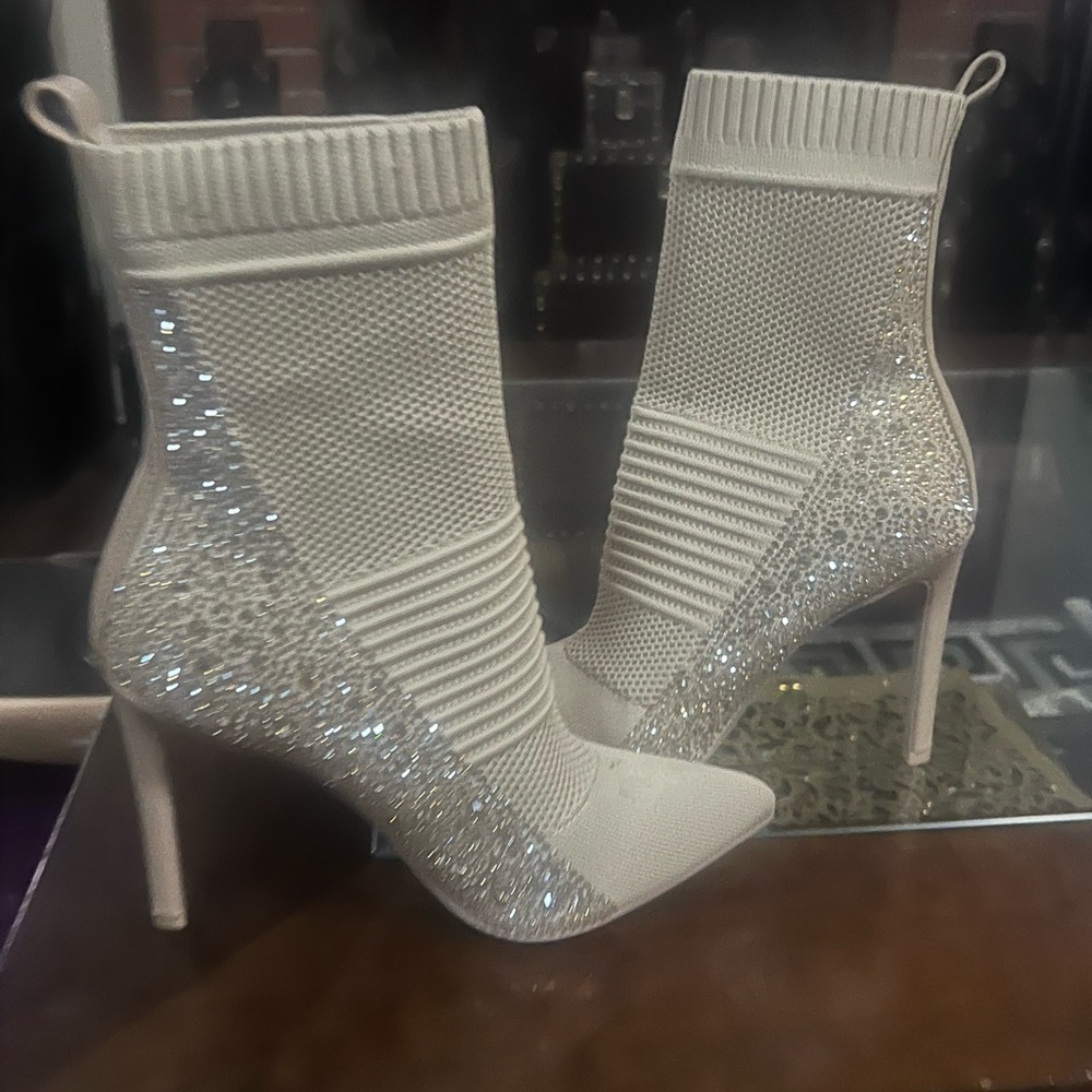 Elegant Cream Glitter Ankle Boots